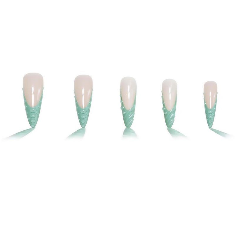 SEENEEY Stiletto Press on Nails Long Fake Nails Green Extra Long Glossy Acrylic Nail Press on French Tip Artificial with 3D Water Droplets Designs Stick on Nail for Women 24pcs - Image 2
